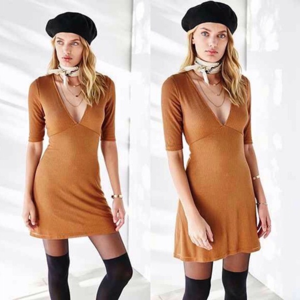 Deep V Brown Ribbed Dress